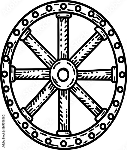 Vintage wagon wheel illustration with wooden spokes and metal rim design