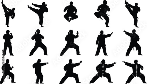 Karate silhouettes of people in various martial arts poses