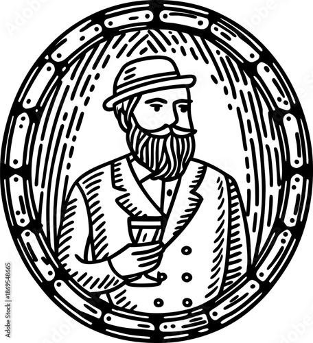 Bearded man in hat holding beer glass framed by wooden barrel circle illustration