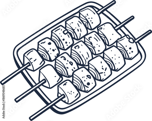 Grilled meat skewers on a plate, barbecue food illustration with chunks of marinated meat
