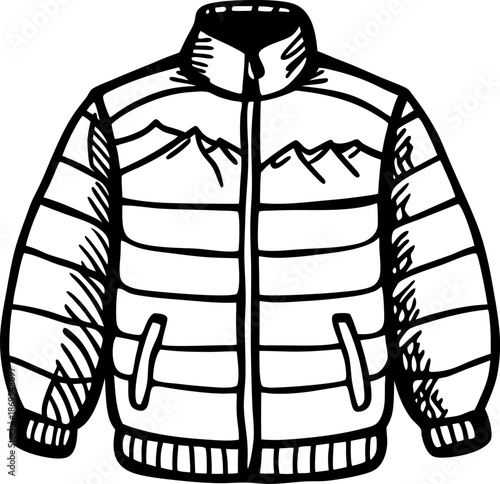 Winter jacket with mountain design, warm insulated coat for cold weather outdoors