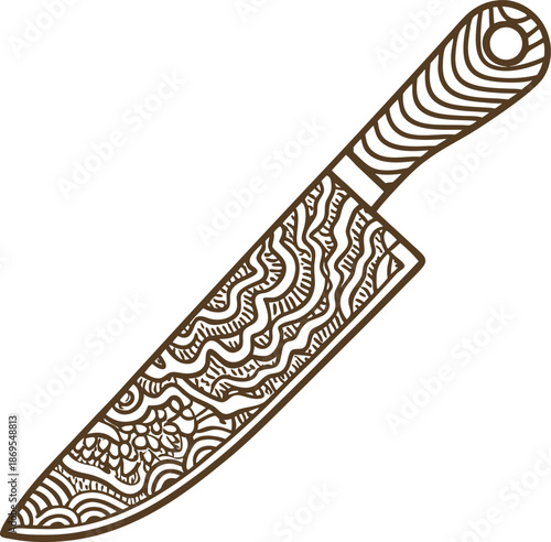 Decorative kitchen chef knife with intricate ornamental blade and textured handle design