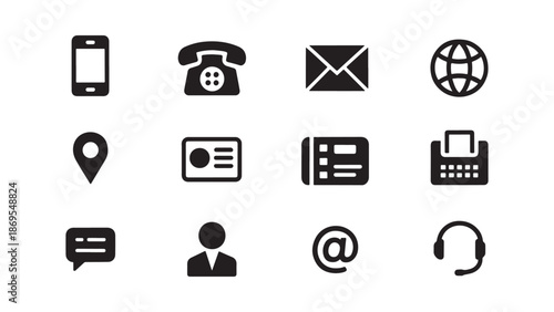 Contact information and communication icons set with phones, mail envelopes, and location pins for business card and website footers.