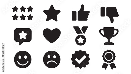 Customer feedback and rating icons set with stars, thumbs up, emotions, and awards for review system interfaces and surveys.