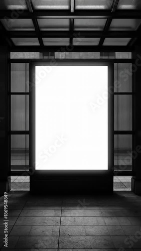 Black-and-white image of empty illuminated billboard at modern bus shelter with glass panels and metal beams. Urban advertising space ready for mockup, evoking city life and outdoor display potential