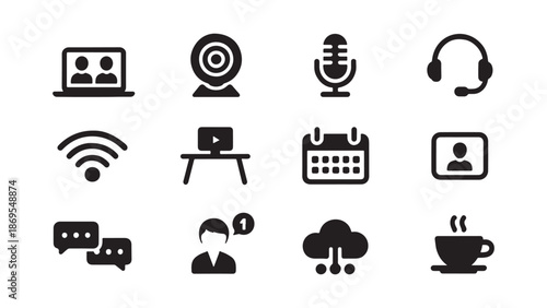 Remote work and video conference icons showing webcams, headsets, and online meeting screens for digital office tools and webinars.