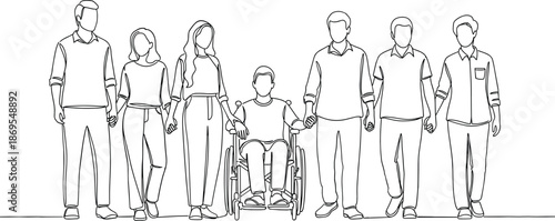 Line of seven faceless people standing in a row one person in a wheelchair line faceless people