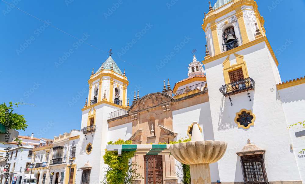 Fototapeta premium Historic building with towers and fountain.. Ronda, Málaga, Spain