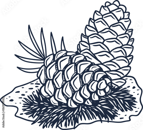 pine cones on pine needles detailed botanical line art illustration