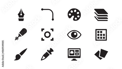 Graphic design and digital art tool icons including pen nibs, color palettes, layers, and brushes for creative software interfaces.
