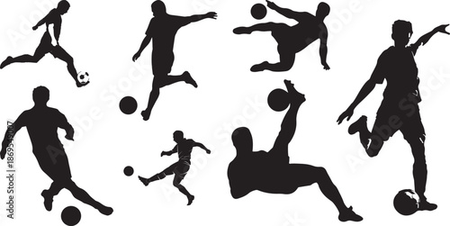 Football Player Action Silhouettes Soccer Movement Vector Set Sports Activity Black Icons