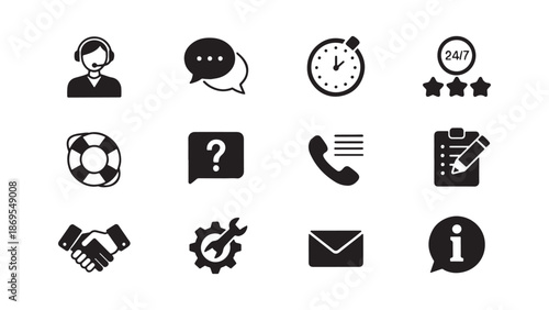 Customer service and help desk icons including support agents, 24/7 badges, and lifebuoy symbols for assistance center interfaces.