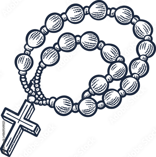 Christian rosary with cross pendant, prayer beads illustration, religious catholic symbol for faith and devotion