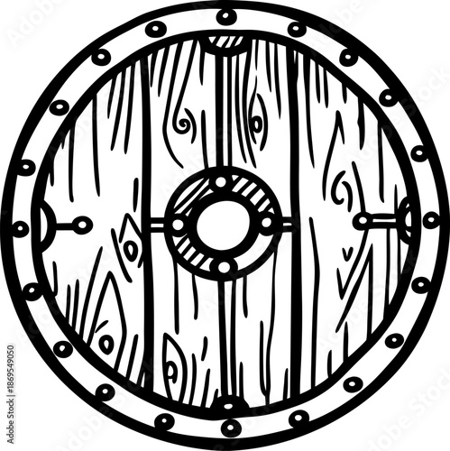 Viking round wooden shield with metal rivets and central boss ancient warrior defensive equipment
