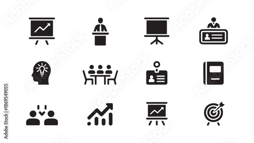 Business conference and presentation icons featuring podium speakers, meeting tables, and growth charts for corporate event materials.