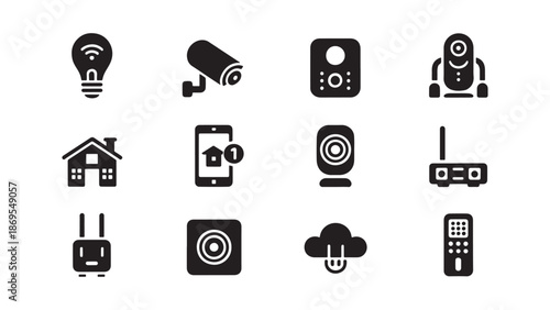 Smart home automation and IoT icons featuring security cameras, sensors, and mobile control symbols for modern living technology.