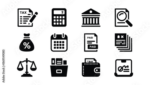 Tax and accounting icon set featuring calculators, tax forms, scales, and money bags for legal financial services and audit reports.