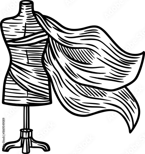 tailor mannequin with flowing fabric draped, sewing and fashion design concept