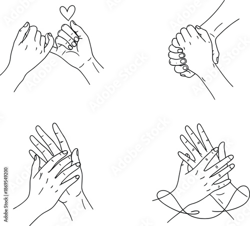 A collection of four line art illustrations depicting various hand gestures of love and promise