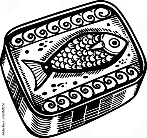 Tin can of sardines with decorative fish design in black and white illustration