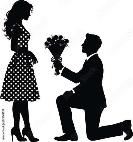 Silhouette of man proposing to woman with bouquet proposal man kneeling bouquet of flowers