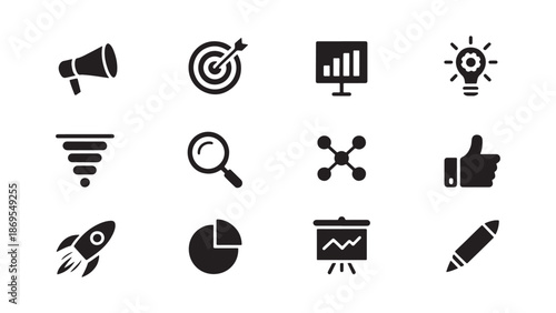 Marketing and business strategy icons including megaphones, targets, charts, and lightbulbs for advertising and startup presentations.