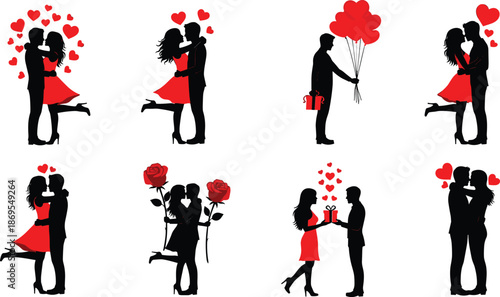 Silhouettes of romantic couples kissing and exchanging gifts on Valentine's Day valentines day