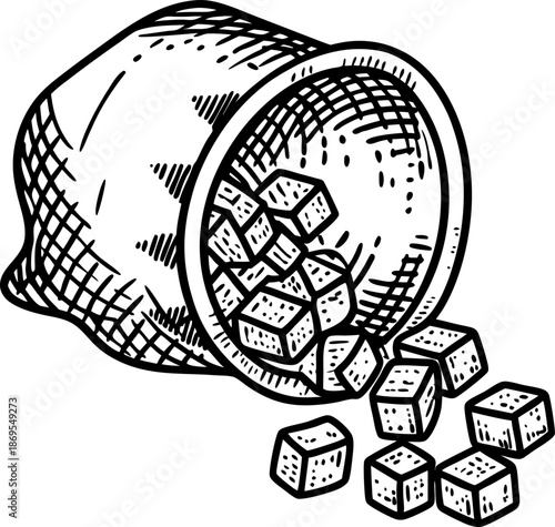 Clay pot tipped over with scattered sugar cubes spilling out in retro engraving