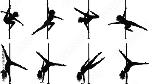 Silhouette of woman performing various pole dancing poses silhouettes black and white
