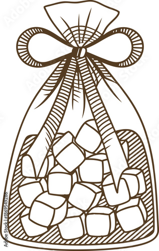 Drawn bag filled with sugar cubes tied with a decorative ribbon bow