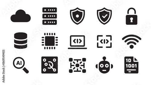 Modern technology and cybersecurity icons showing cloud data, AI artificial intelligence, network protection, and server database symbols for IT systems.