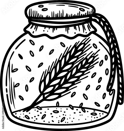 Glass jar with wheat grains and ears, rustic vintage food container illustration