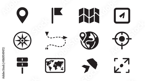 Navigation and location map icons featuring gps pins, compass directions, route paths, and flags for travel apps, geography, and tracking system interfaces.