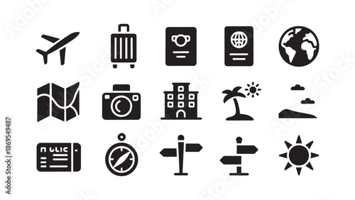 Travel and tourism icon set with airplanes, luggage, passports, and tropical vacation elements for holiday trip planning and summer adventure graphics.