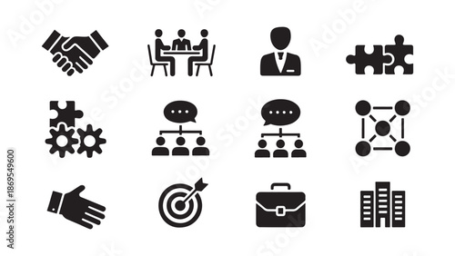 Corporate business and management icons featuring handshakes, teamwork meetings, strategy puzzles, and organizational charts for office company presentations.