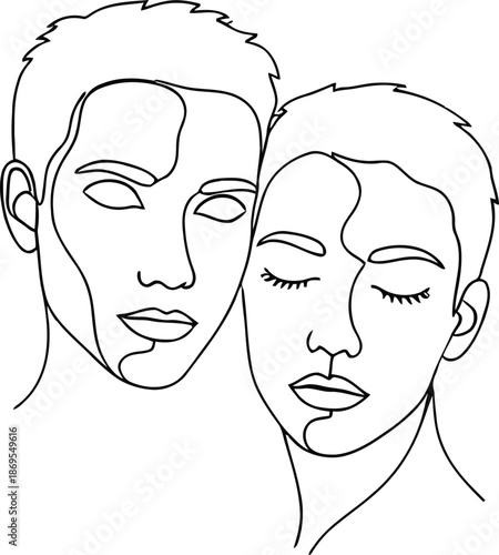 A minimalist continuous line art illustration showing two abstract faces in close proximity