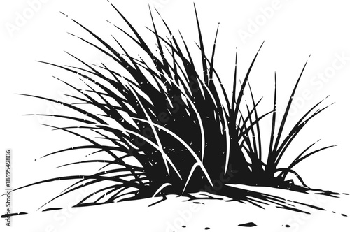 Black silhouette of wild grass clump with scattered leaves and scattered soil