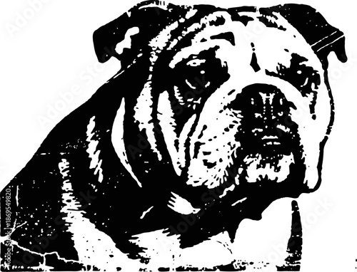 black and white illustration of a bulldog dog face with wrinkled skin and distinctive expression