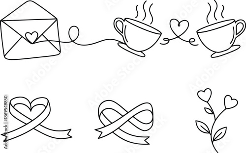 Collection of hand-drawn romantic doodle icons including love letters, coffee cups, ribbons, and hearts