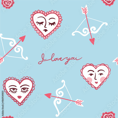 Cute seamless Valentine’s Day vector pattern with hearts, bow and arrow, and “I love you” lettering on a blue background.