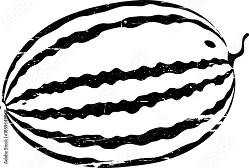 Black and white watermelon illustration with textured stripes and a short curved stem