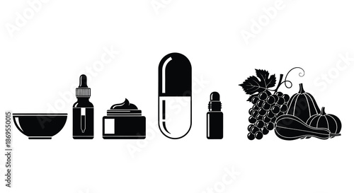 Assorted health and wellness items displayed in a striking black silhouette