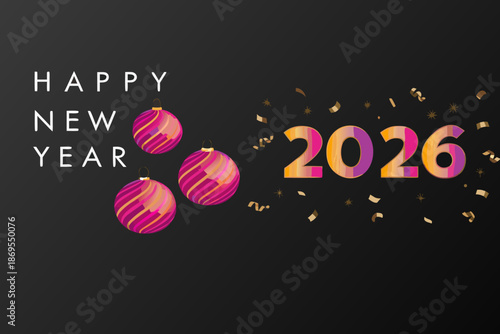Celebratory new year design with balloons confetti and a vibrant 2026 display