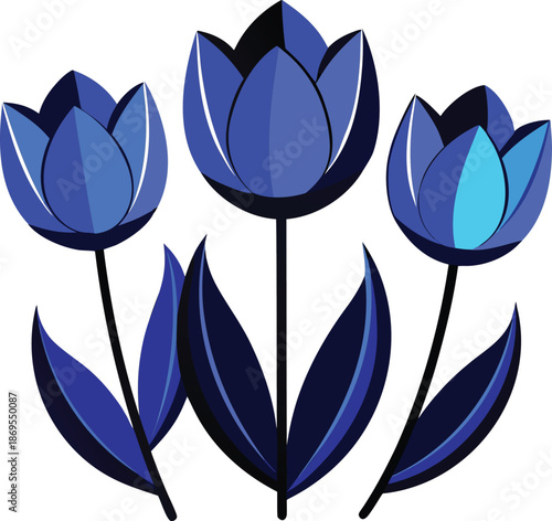 Three vibrant blue tulips with dark leaves standing tall in a clean graphic design
