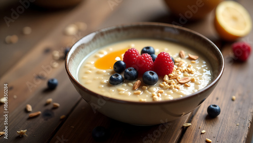 Bowl of oatmeal with berries and nuts on a wooden table, warm atmosphere, copy space
