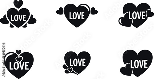 A set of six unique black and white love heart icons for valentine's day and romance themes.