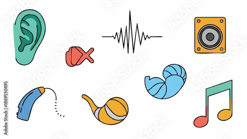Collection of Icons Representing Sound and Hearing Health.