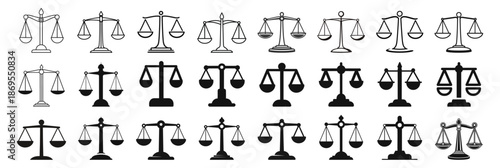 Scale icon. Scales of justice flat vector icon set. Vintage law balance and equilibrium design on transparent background