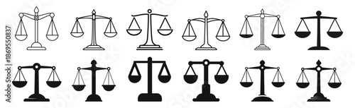 Justice scale icon vector collection, law balance and court symbol illustration on transparent background