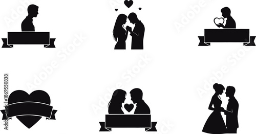 A collection of silhouette designs featuring couples in love and romantic icons for graphic use
